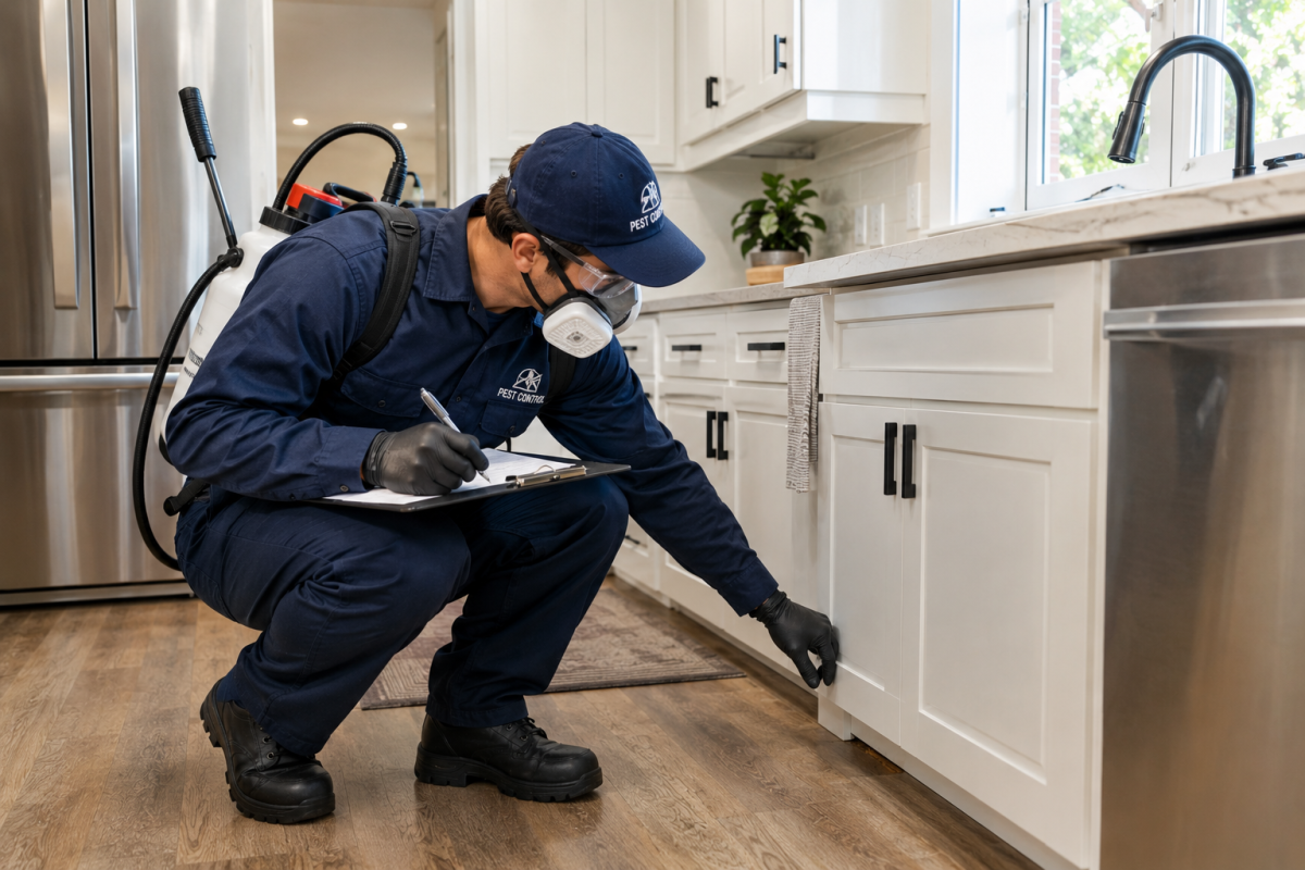 Exterminator doing inspection